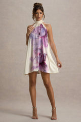 Maisie | Pink Floral Print High-Neck A-Line Mini Dress With Bow