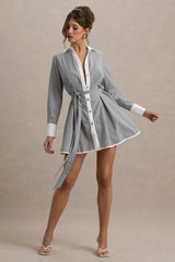Beatriz | Grey Linen Pinstripe Mini Shirt Dress