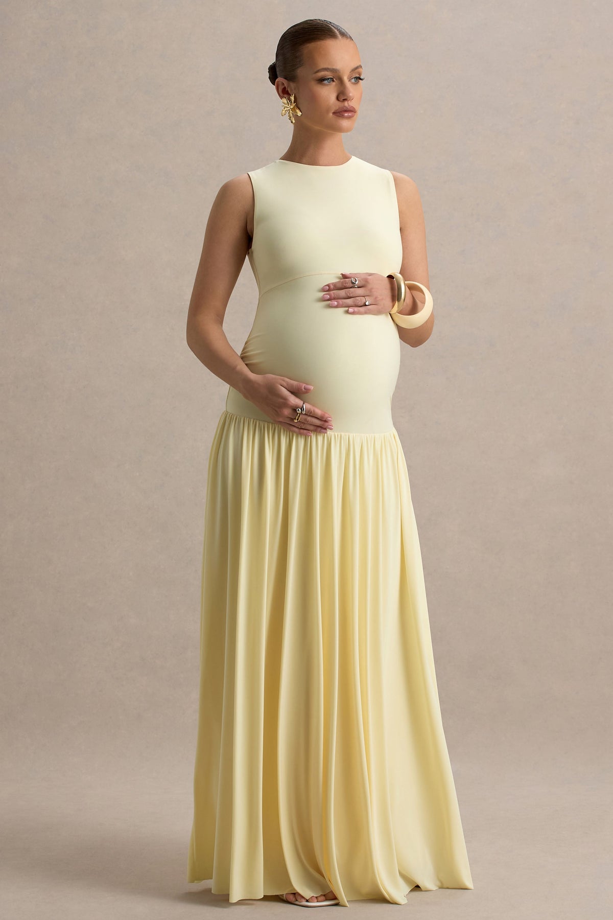 Outline | Lemon High-Neck Maternity Maxi Dress With Draped Skirt