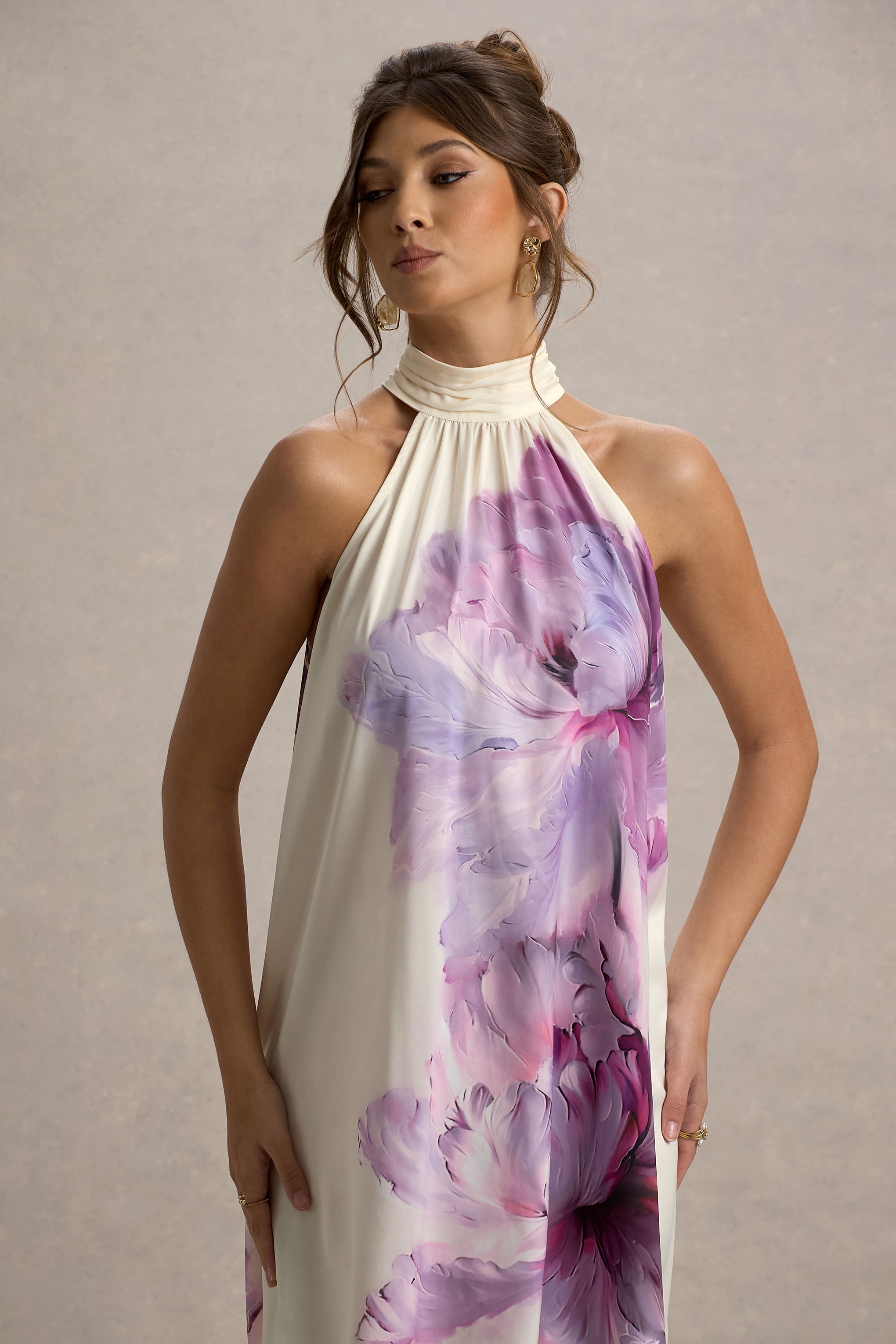 Maisie | Pink Floral Print High-Neck A-Line Mini Dress With Bow