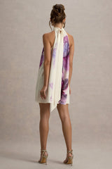 Maisie | Pink Floral Print High-Neck A-Line Mini Dress With Bow