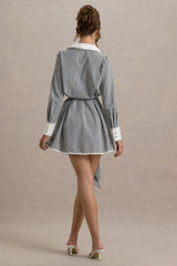 Beatriz | Grey Linen Pinstripe Mini Shirt Dress